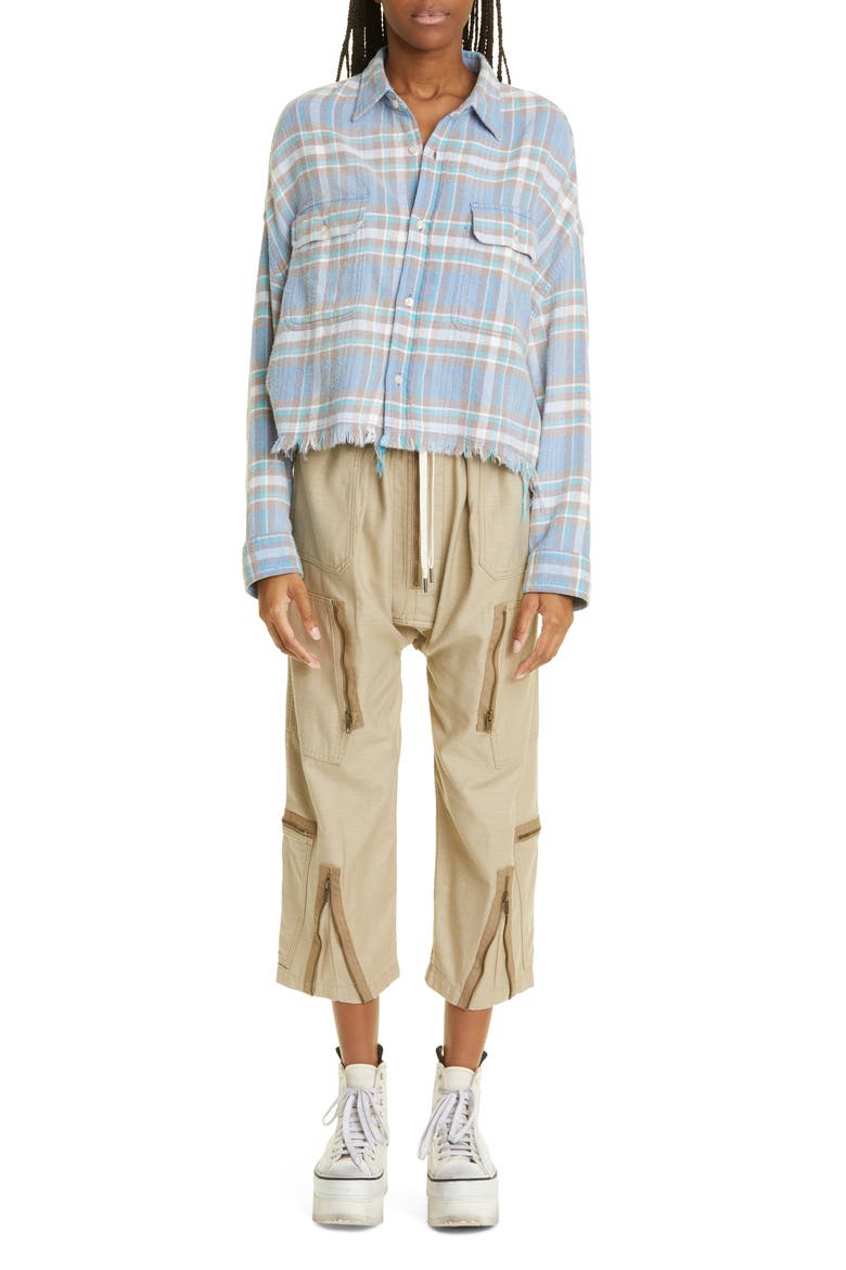 Plaid Cotton Flannel Crop Work Shirt, Alternate, color, BLUE/ GREEN PLAID