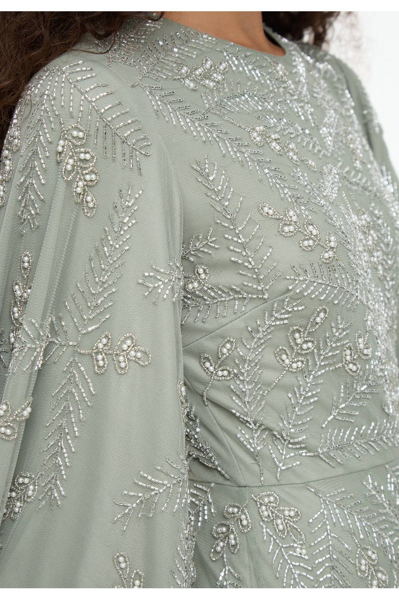 Modest Embellished Sequin Beaded Dress Maxi With Designer Sleeve, Alternate, color, SAGE GREEN