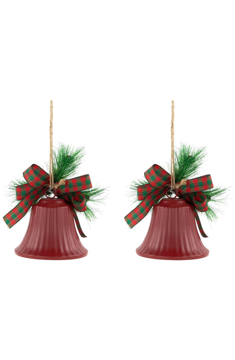 Northlight Bells with Pine Sprigs and Bow Christmas Ornaments- 7" - Red - Set of 2, Alternate, color, Red