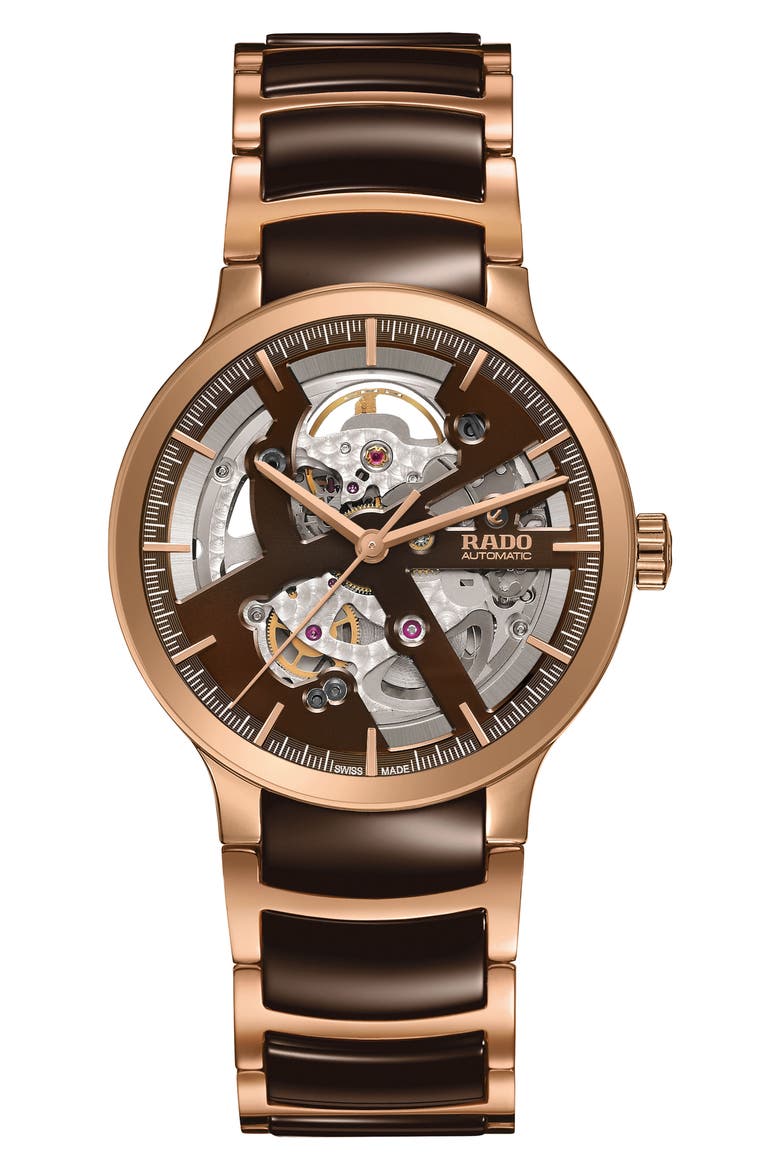 Centrix Automatic Open Heart Ceramic Bracelet Watch, 38mm, Main, color, BROWN/ ROSE GOLD