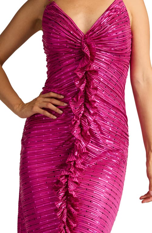 Sho By Tadashi Shoji Ruched Ruffle Metallic Midi Dress In Wild Pink