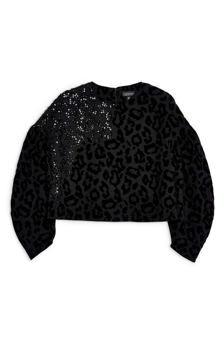 Topshop Sequin Embellished Leopard Sweater, Alternate, color, Black