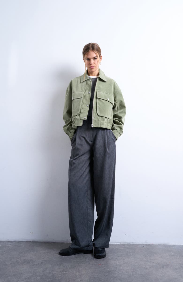 Topshop Crop Bomber Jacket, Alternate, color, Sage