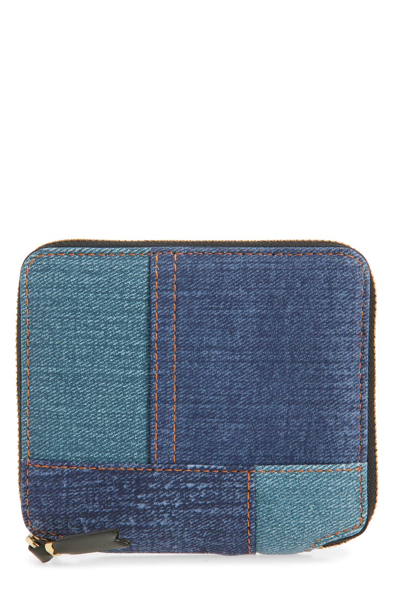 Denim Patchwork Print Leather Wallet, Main, color, BLUE