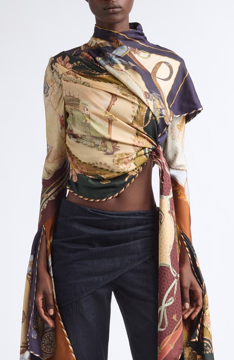Valiant Print Draped Silk Twill Scarf Top