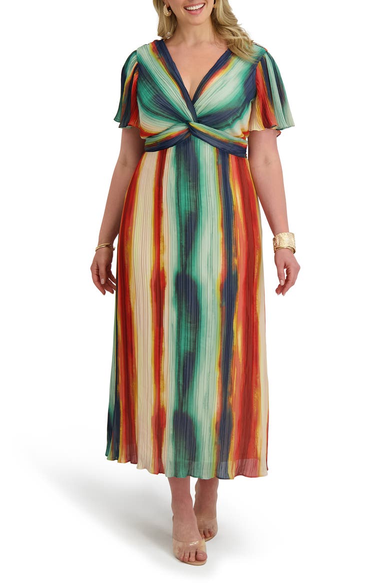Twist Waist Pleated Chiffon Midi Dress, Main, color, GREEN MULTI