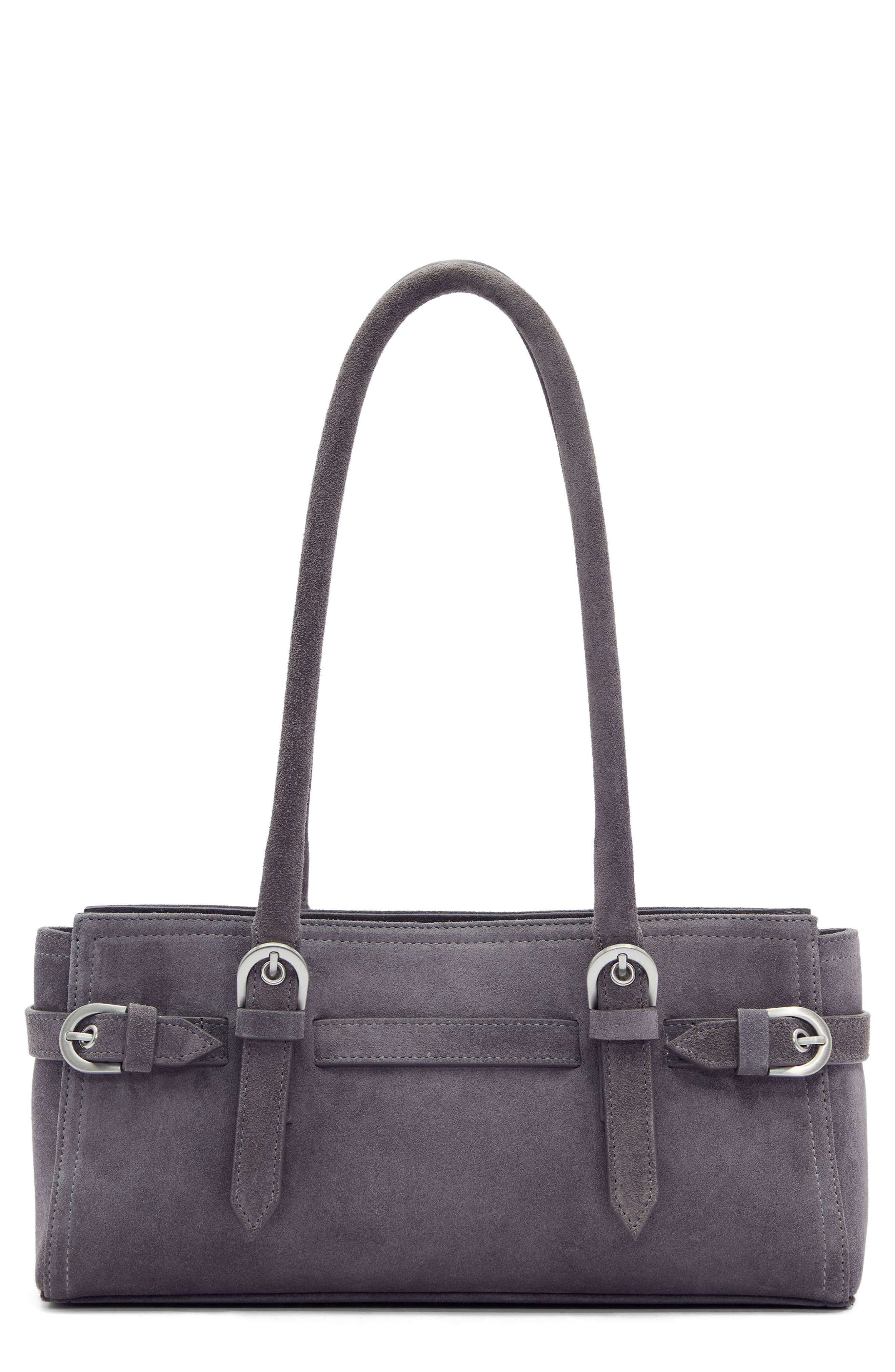 Reformation Dominique Leather Shoulder Bag, Main, color, Gunmetal Suede