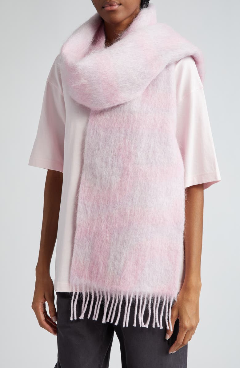 Acne Studios Vandy Logo Jacquard Wool Blend Fringe Scarf, Alternate, color, Pink