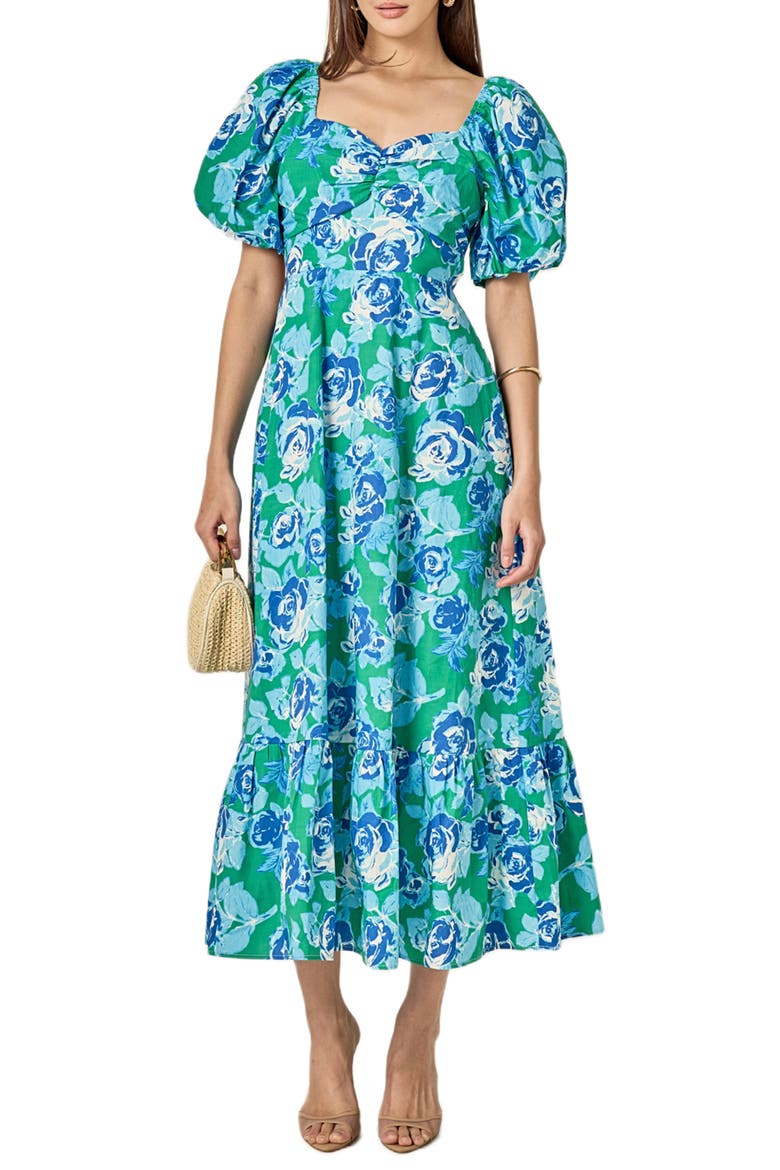 Floral Back Cutout Cotton Dress, Main, color, BLUE / GREEN FLORAL