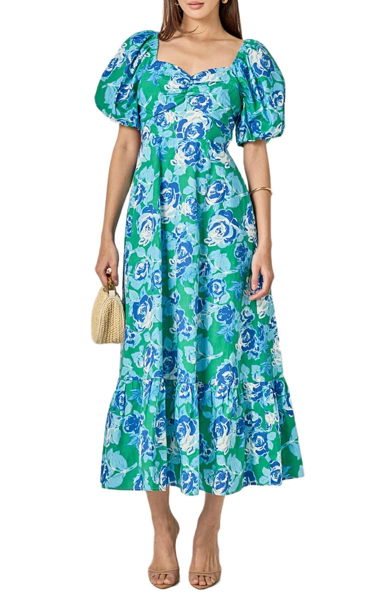 English Factory Floral Back Cutout Cotton Dress, Main, color, Blue / Green Floral