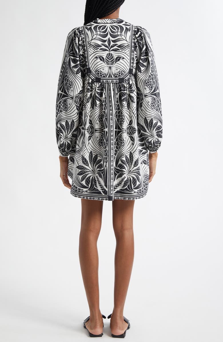 FARM Rio Monochrome Elegance Scarf Print Long Sleeve Linen Blend Minidress, Alternate, color, Black And White