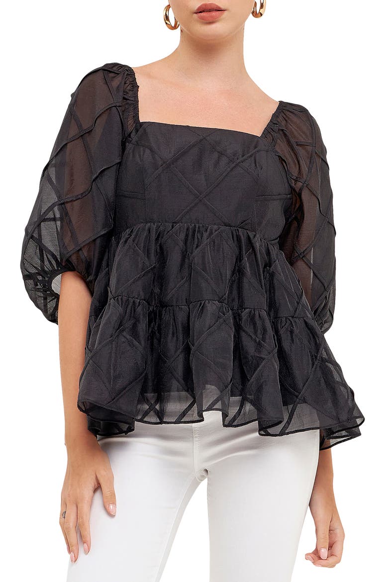 Square Neck Organza Babydoll Top, Main, color, BLACK