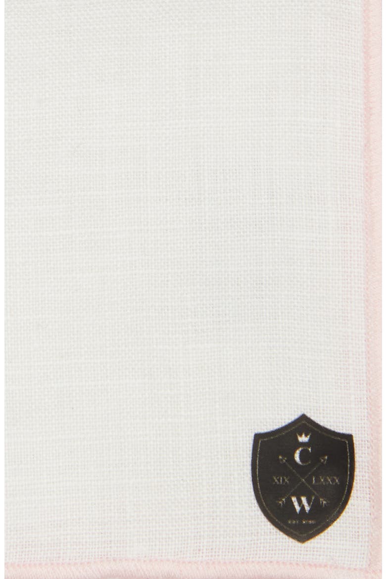 White Linen Pocket Square with Pink Trim, Alternate, color, PINK