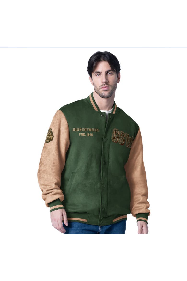 Men's G-III Sports by Carl Banks  Olive Golden State Warriors Infielder Faux Suede Full-Zip Varsity Jacket, Main, color, Olive