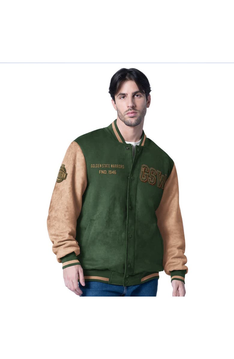 G-III SPORTS BY CARL BANKS Men's G-III Sports by Carl Banks Olive Golden State Warriors Infielder Faux Suede Full-Zip Varsity Jacket, Main, color, Olive