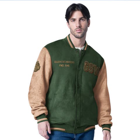 Men's G-III Sports by Carl Banks  Olive Golden State Warriors Infielder Faux Suede Full-Zip Varsity Jacket