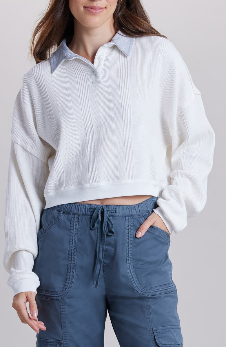 UNIONBAY Malorie Textured Long Sleeve Cotton Polo, Main, color, Snow White