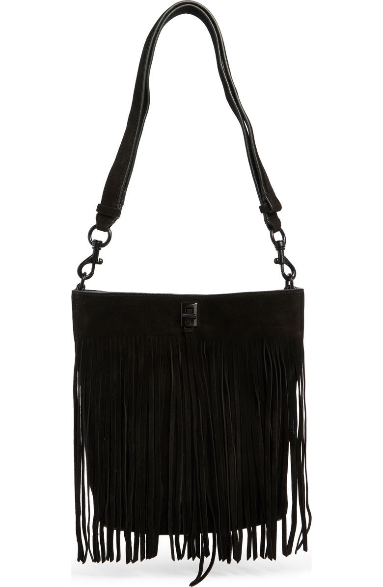 Rebecca Minkoff Darren Fringe Bucket Bag, Main, color, Black