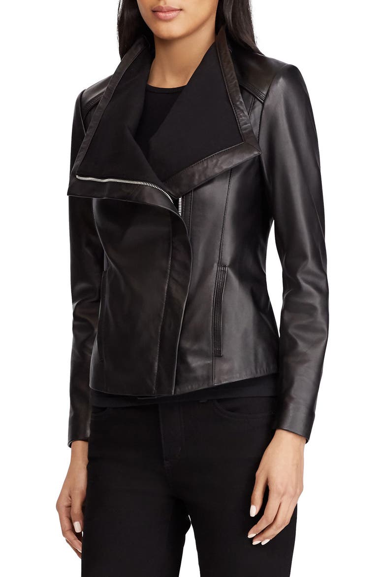 Drape Front Leather Moto Jacket, Main, color, BLACK