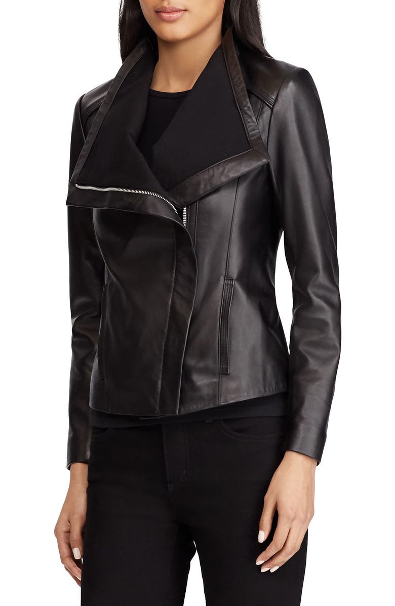 Lauren Ralph Lauren Drape Front Leather Moto Jacket, Main, color, 