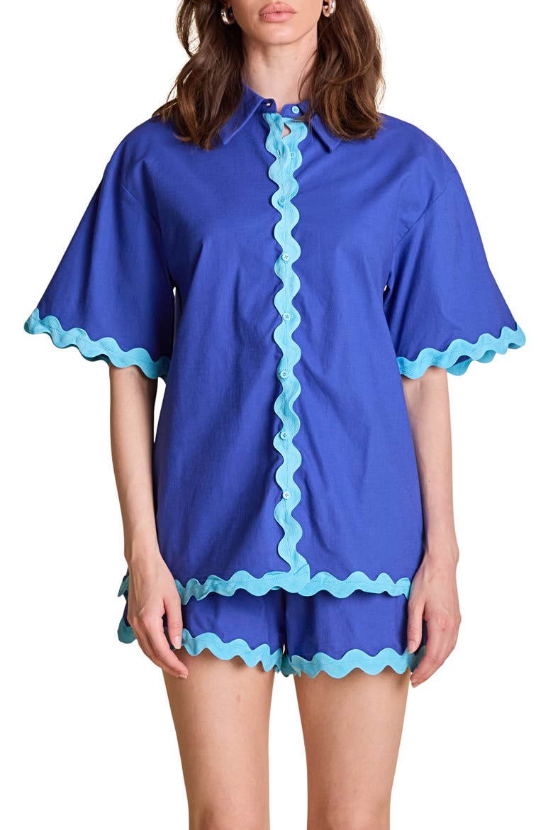 Rickrack Trim Cotton & Linen Button-Up Shirt, Main, color, BLUE