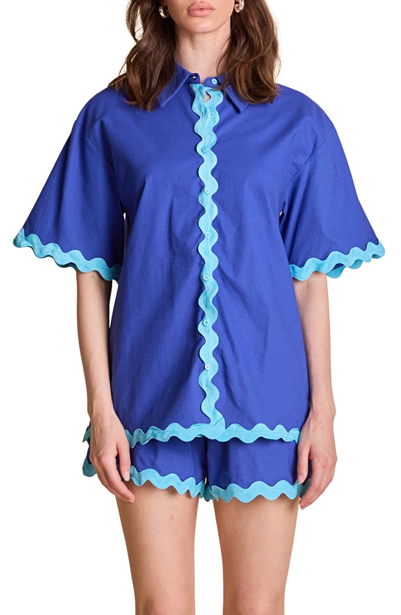 English Factory Rickrack Trim Cotton & Linen Button-Up Shirt, Main, color, Blue