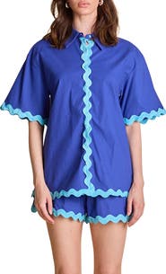 English Factory Rickrack Trim Cotton & Linen Button-Up Shirt