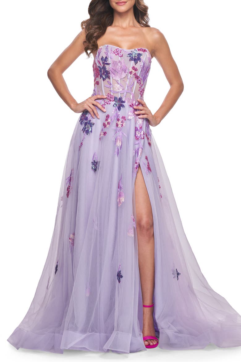 Strapless A-Line Gown with Multi Color Sequin Lace Detail, Alternate, color, Lavender