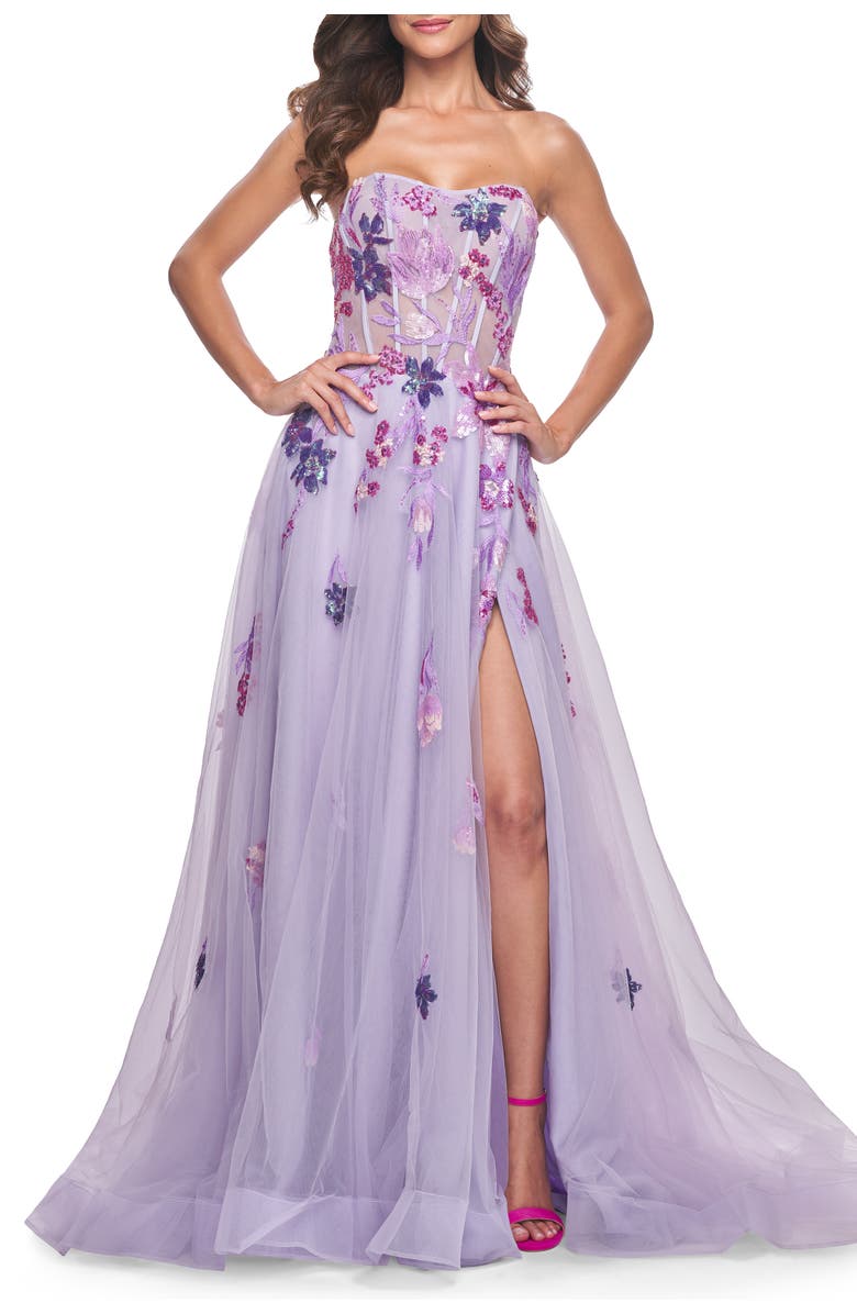 La Femme Strapless A-Line Gown with Multi Color Sequin Lace Detail, Alternate, color, Lavender
