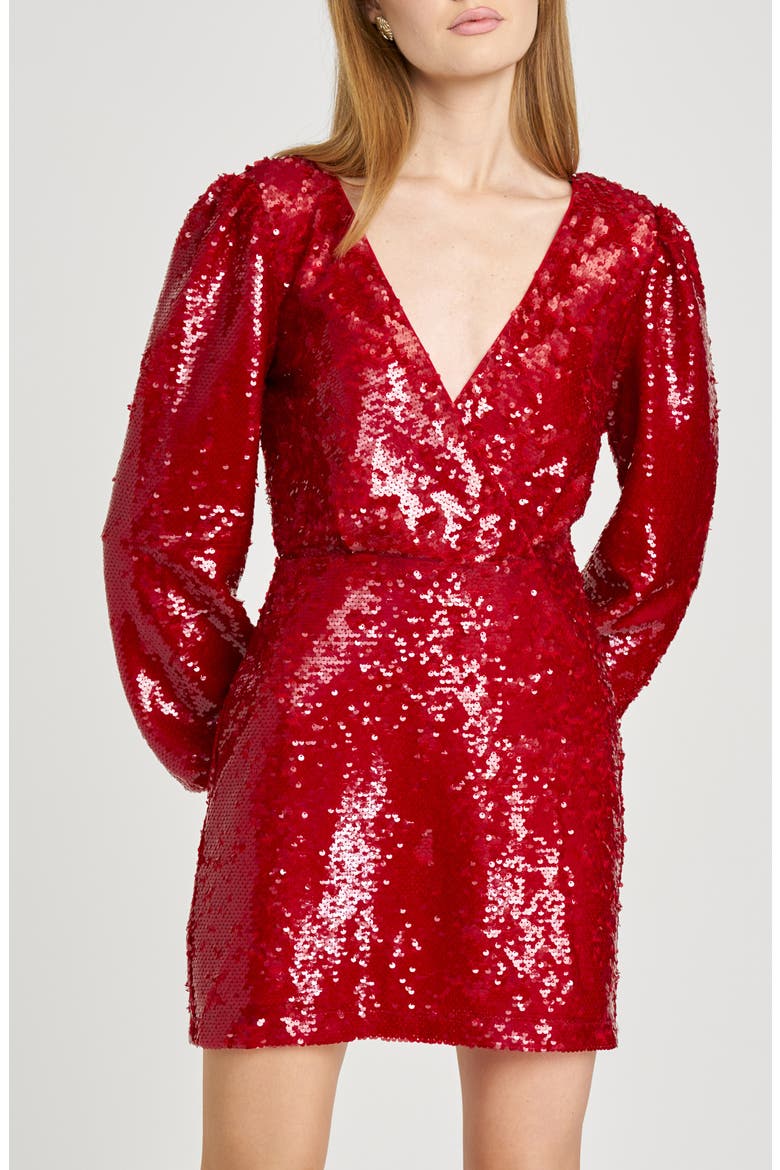 Whitney Sequin Cowl Back Long Sleeve Minidress, Alternate, color, RED