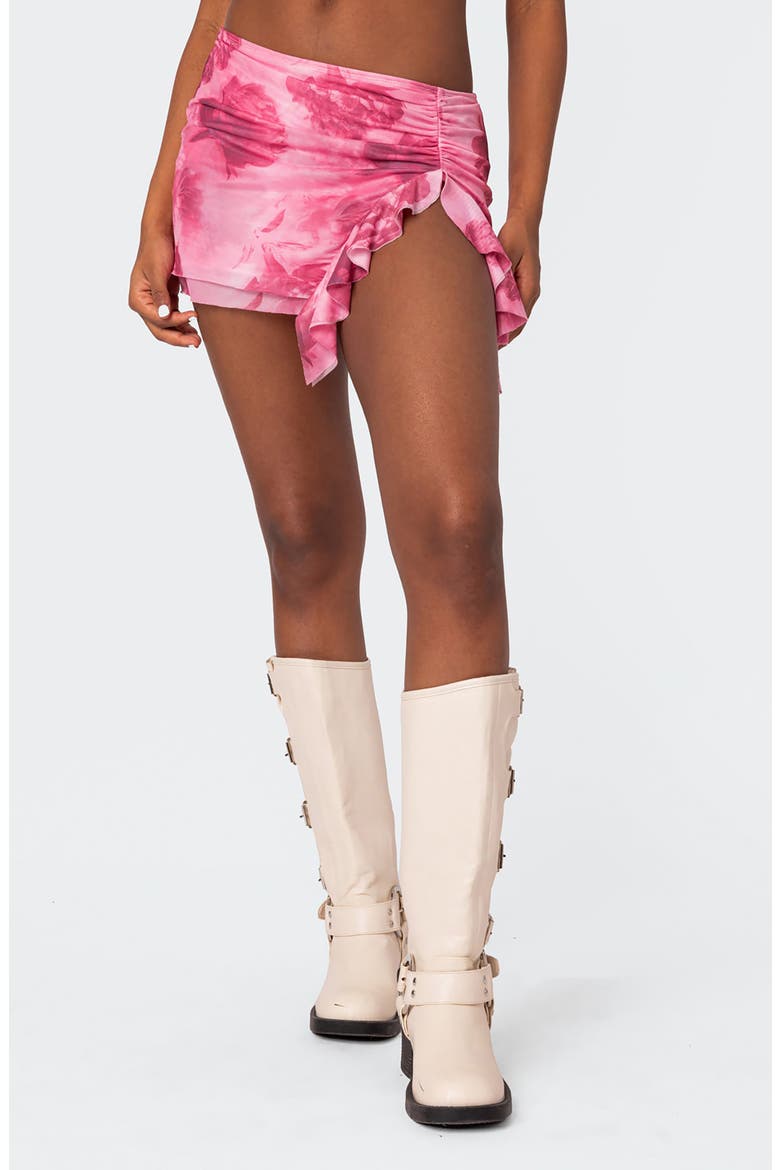 Wanda Floral Ruffle Detail Mesh Miniskirt, Main, color, PINK