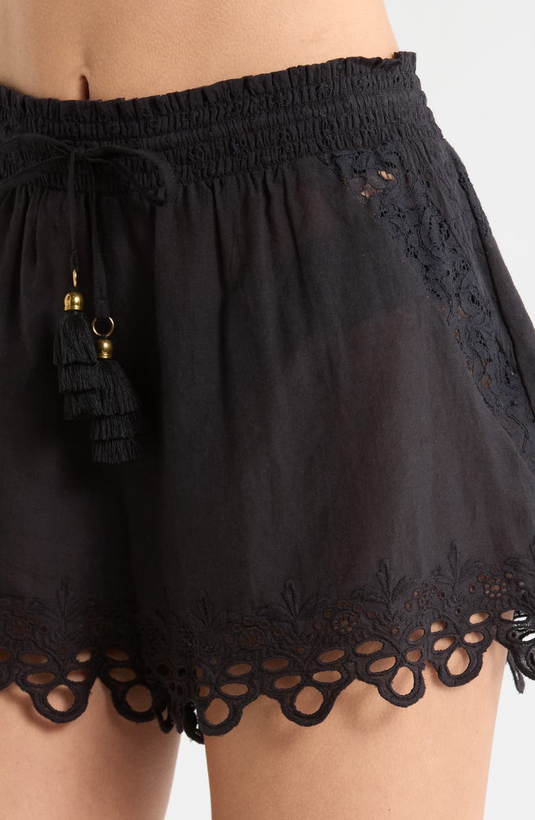 Ramy Brook Diane Eyelet Embroidered Cotton Drawstring Shorts, Alternate, color, Black