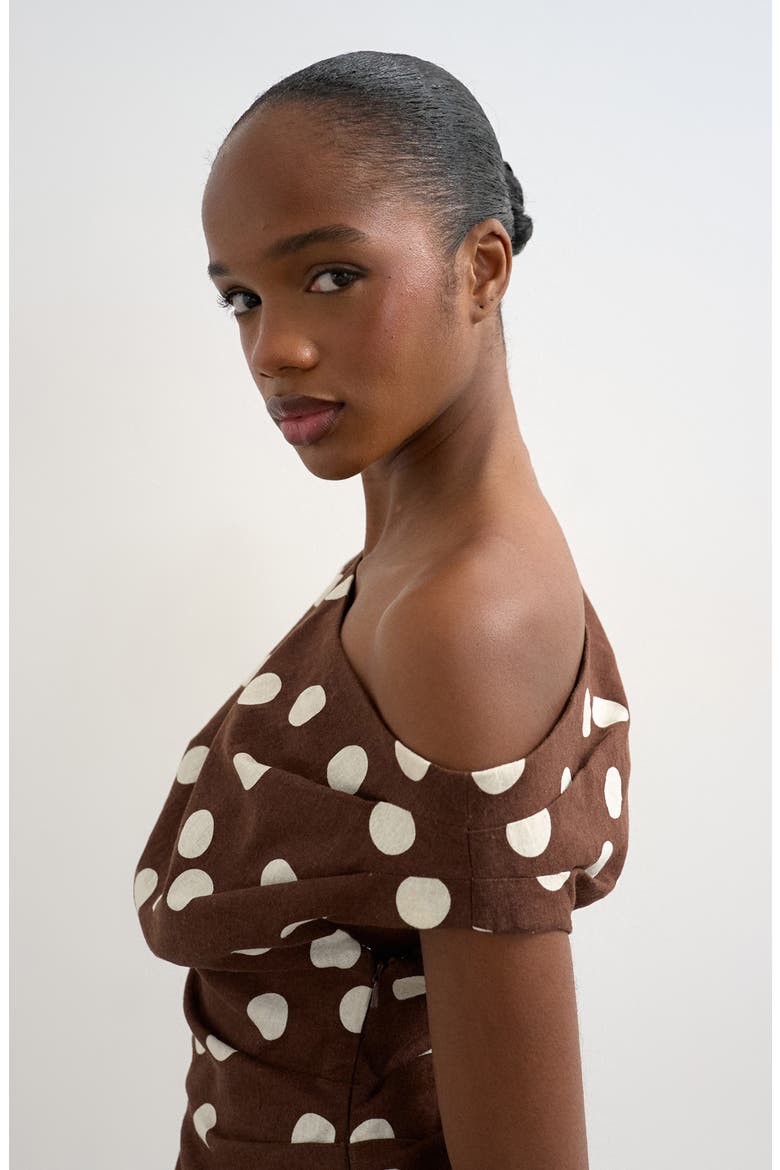 Polka Dot Print Off the Shoulder Top, Alternate, color, BROWN MULTI