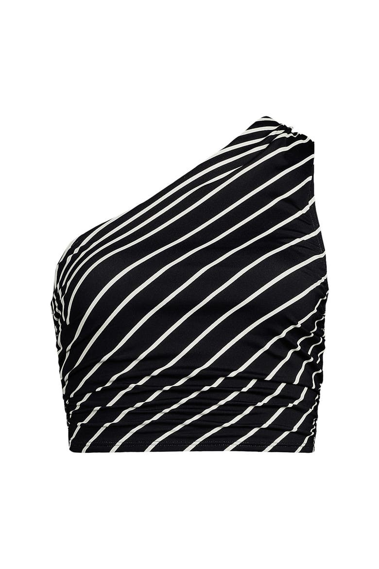 Plus Size Ruched One Shoulder Midkini Top, Alternate, color, Black/Egret Variegated Stripe