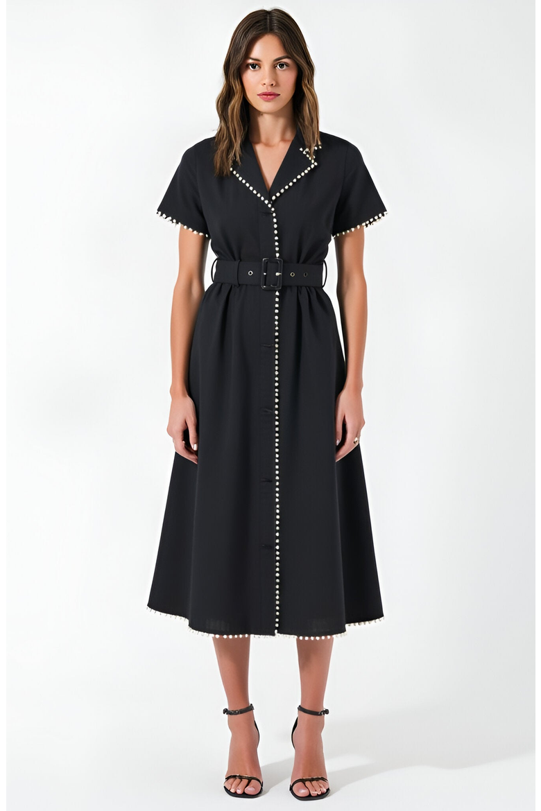 Short Sleeve Collared Midi Dress with Pearl Details and Statement Belt, Main, color, Black