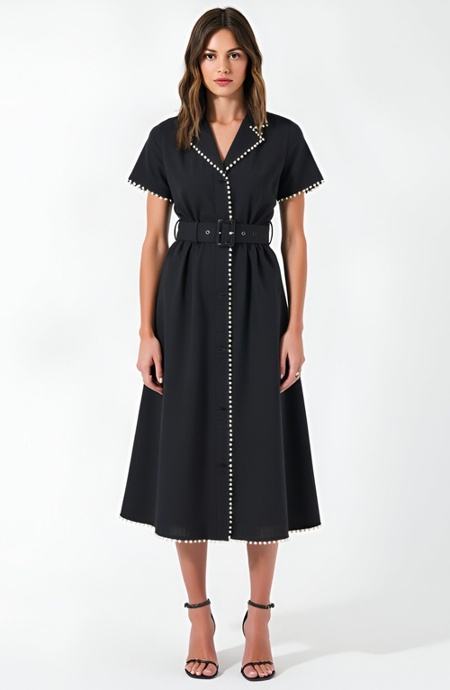 Modenaire Short Sleeve Collared Midi Dress With Pearl Details And Statement Belt In Black