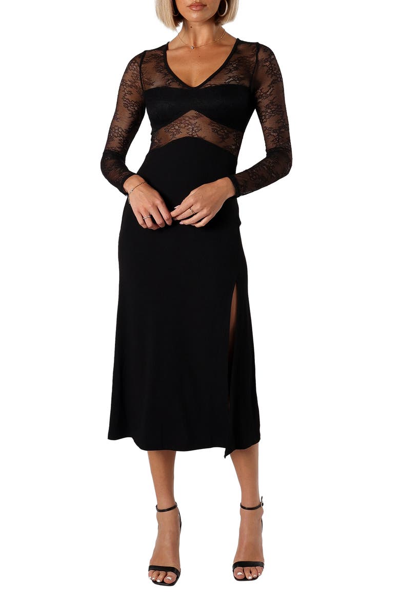 Addams Long Sleeve Lace Inset Midi Dress, Main, color, BLACK