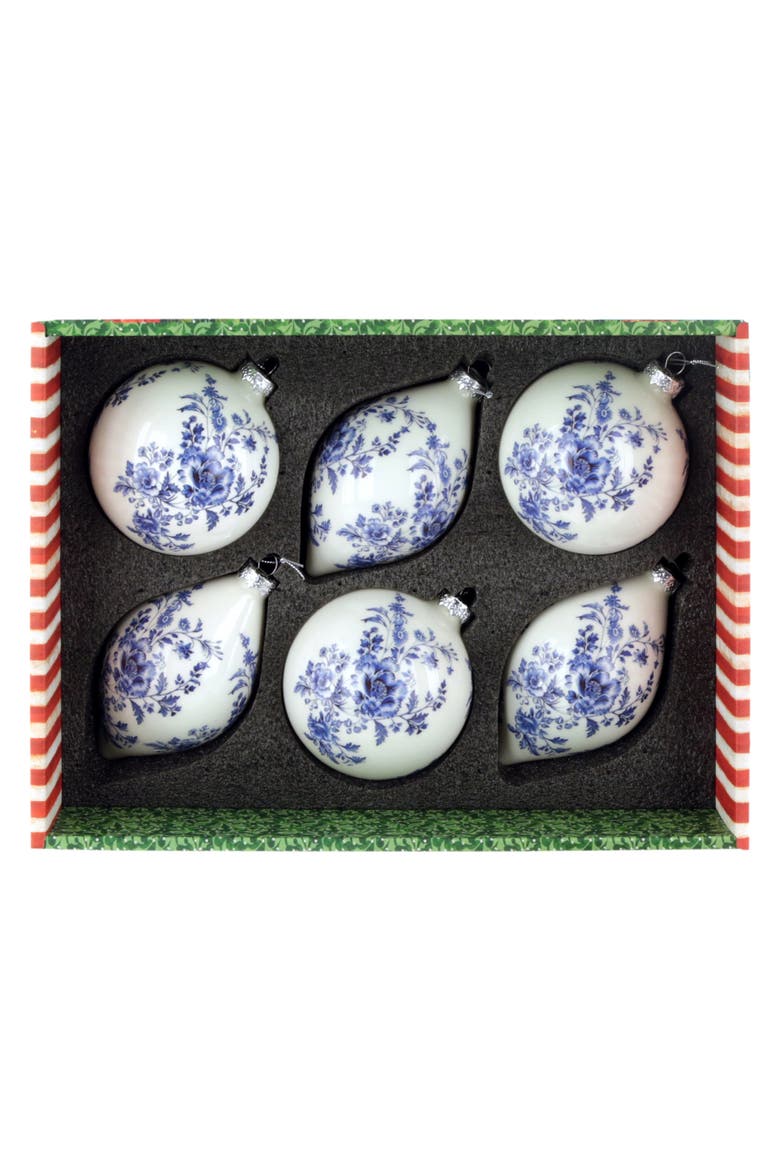 Blue and White Floral Ornament, Box of 6, Alternate, color, White