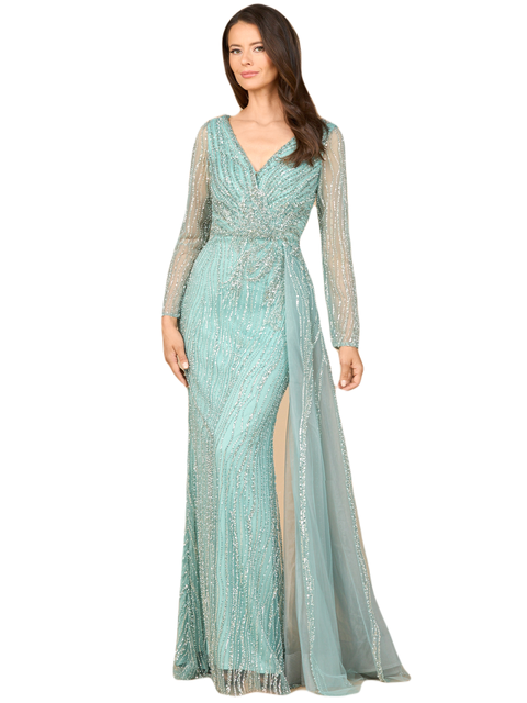 Long Sleeve V-Neck Gown with Drape
