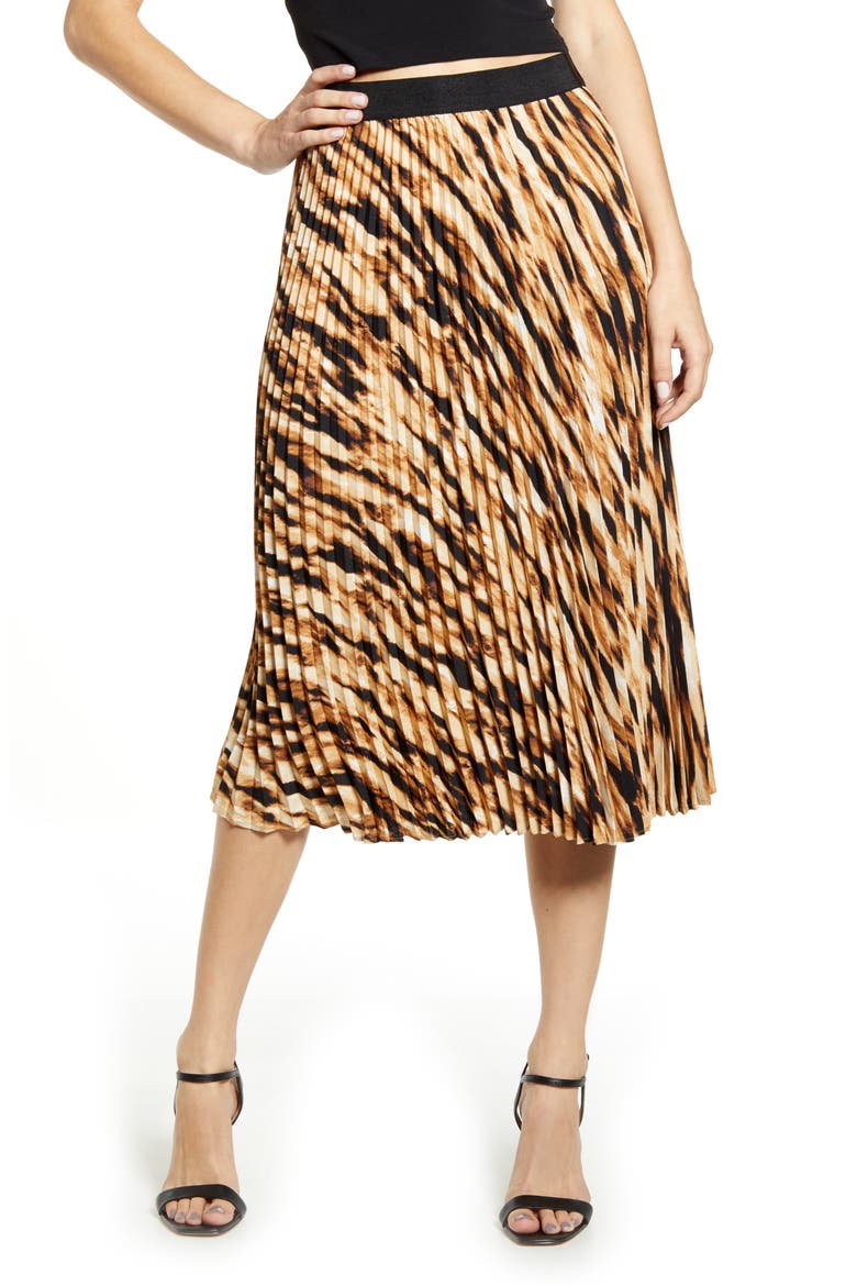 Pleated Midi Skirt, Main, color, TAN DALE TIGERESS