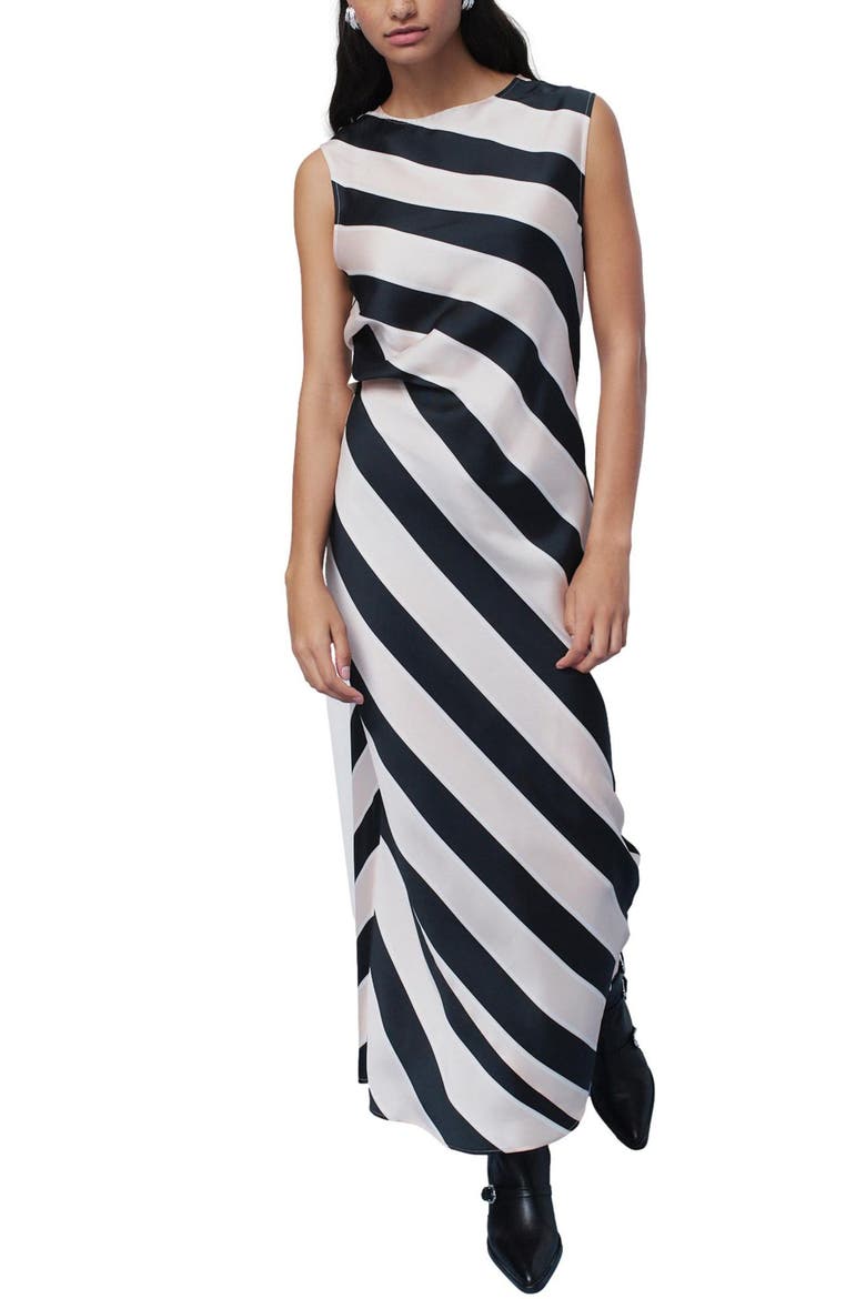 Stripe Sleeveless Satin Drape Midi Dress, Main, color, BLACK