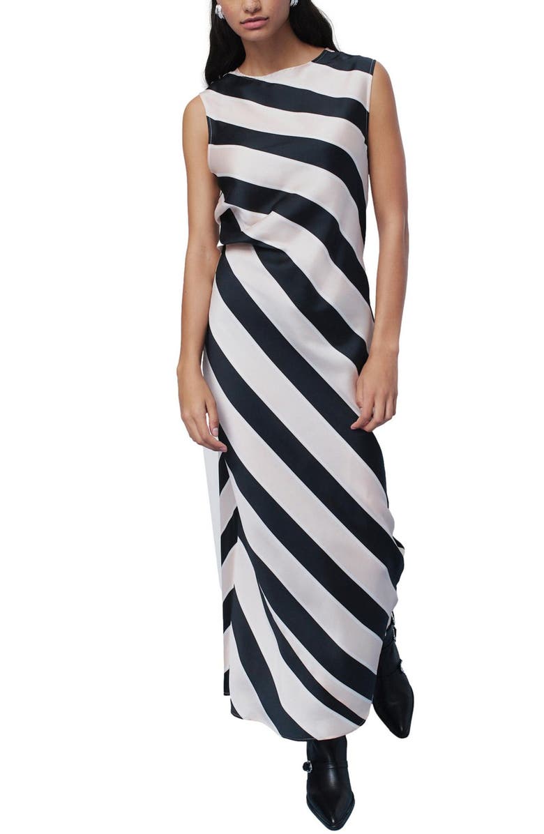 NEXT Stripe Sleeveless Satin Drape Midi Dress, Main, color, Black