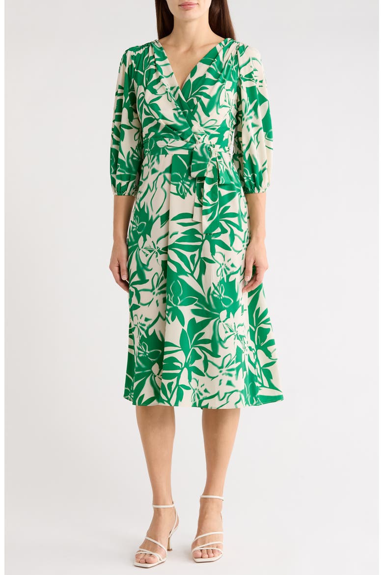 Balloon Sleeve Faux Wrap Midi Dress, Main, color, WHITNEY BOTANICAL