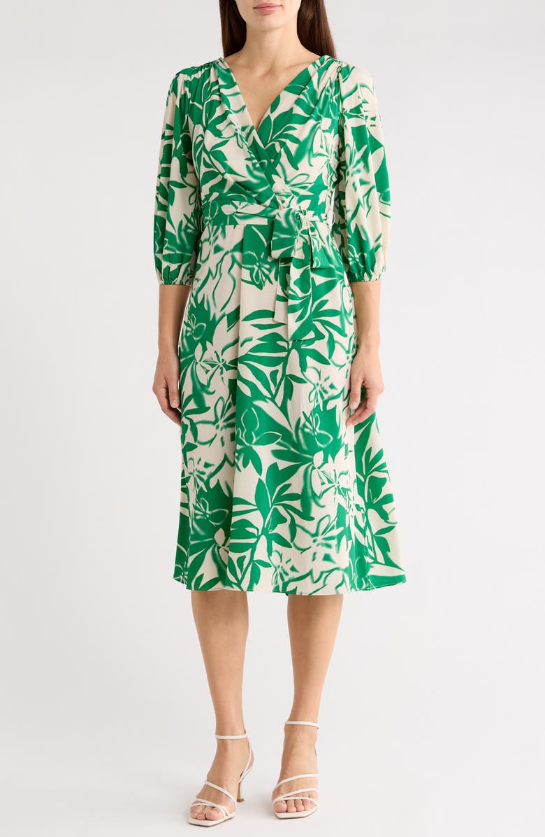 DKNY Balloon Sleeve Faux Wrap Midi Dress, Main, color, Whitney Botanical