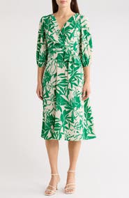 DKNY Balloon Sleeve Faux Wrap Midi Dress