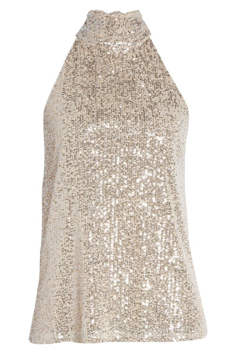 High Neck Sequin Halter Top, Alternate, color, BEIGE- SILVER SEQUIN