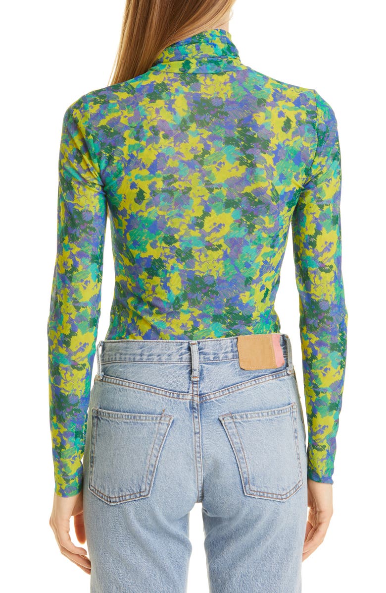 Ganni Print Fitted Mesh Turtleneck Pullover, Alternate, color,