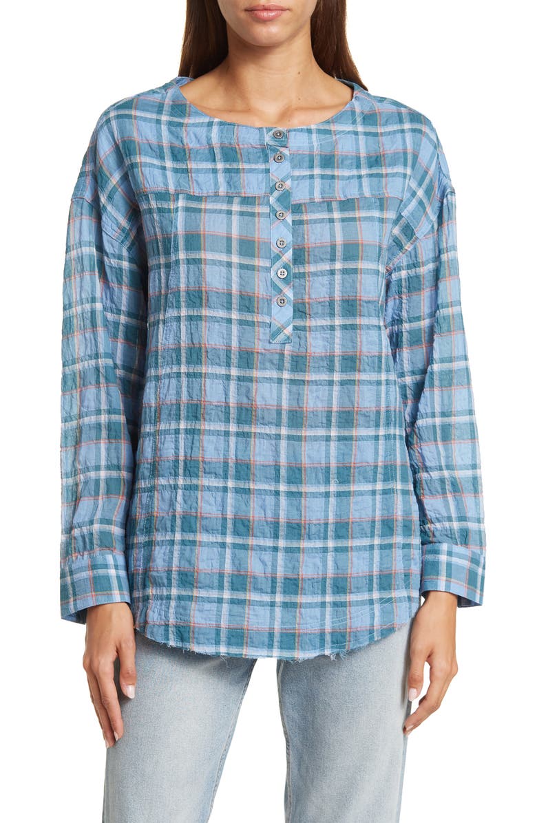 beachlunchlounge Plaid Crinkled Long Sleeve Blouse, Main, color,