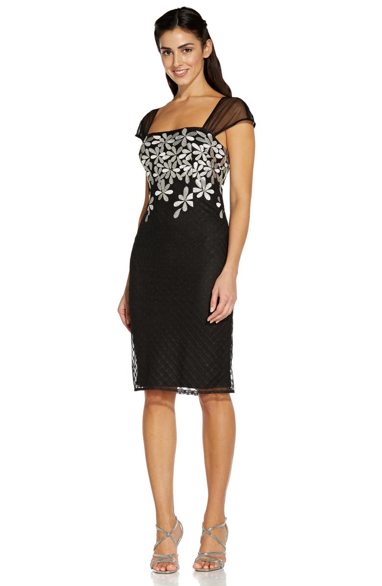 Adrianna Papell Metallic Floral Embroidered Cocktail Sheath Dress, Alternate, color, 