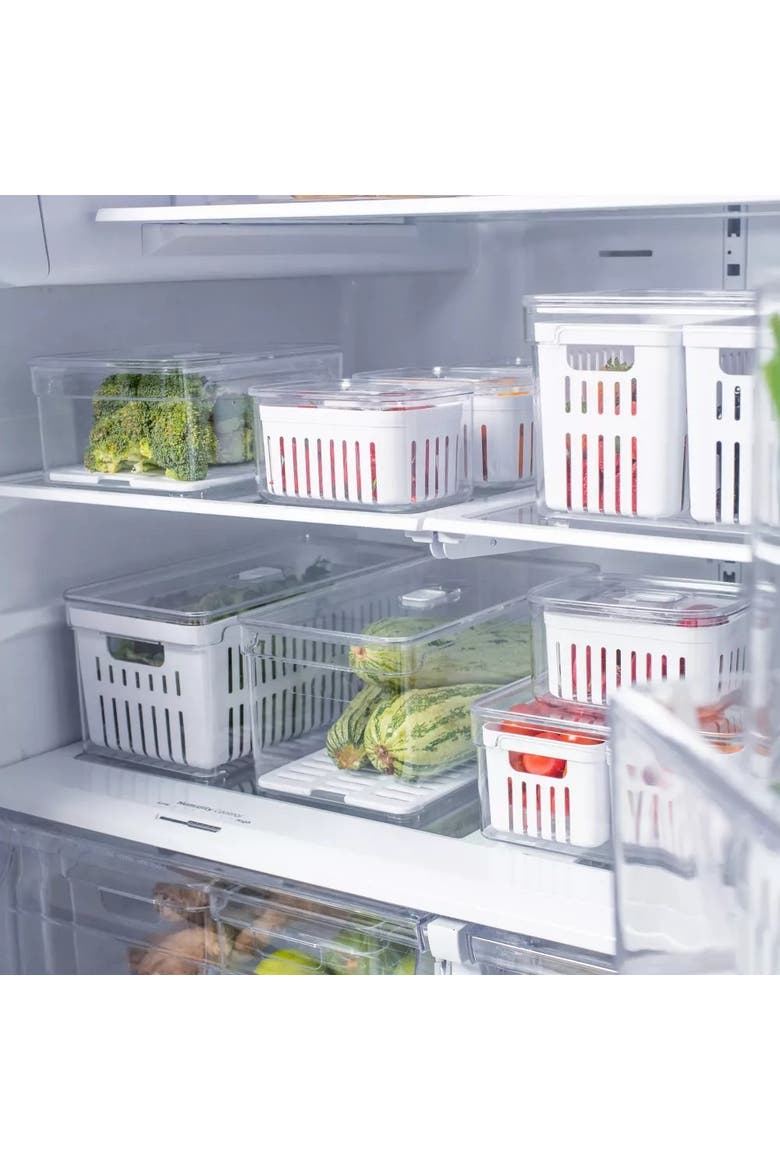 Clear Stackable Fridge Organizer Bin with Drain Basket and Vented Lid, 2 Pack, Alternate, color, Clear with White Drainer